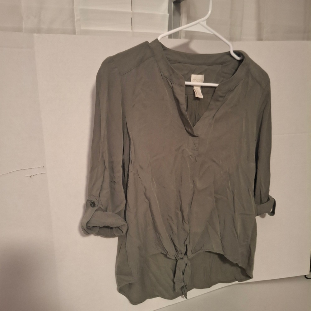 Chicos Olive Green Front Tie Roll Tab Sleeve‎ Blouse Top Size 0 Small